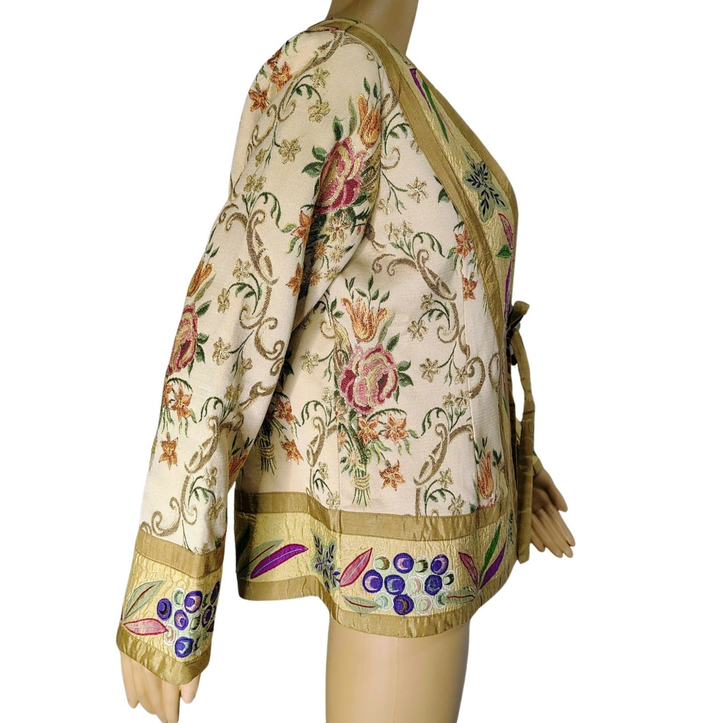 Metallic Thread Custom Beige Quilt Patchwork Floral Kimono Embroidered Size Small