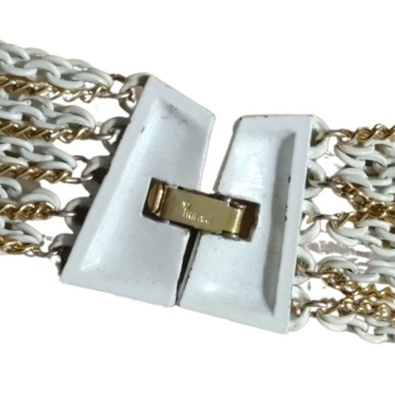 Crown Trifari 15 Strand Gold White Chain Multi Strand Necklace Foldover Clasp