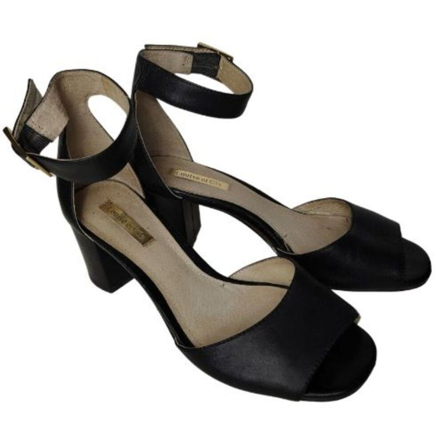 Louise et Cie Karisa Black Leather Ankle Strap Open Toe Block Heel Size 7M