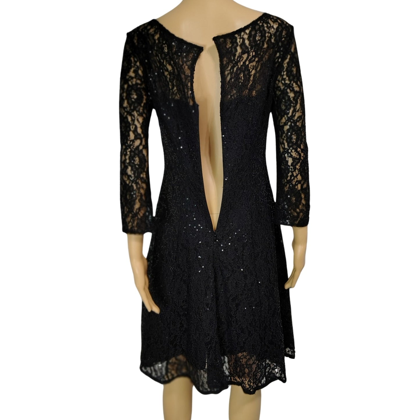 SLNY Black Sequined Illusion Lace Back Keyhole Fit Flare Knee Length Dress SZ 8