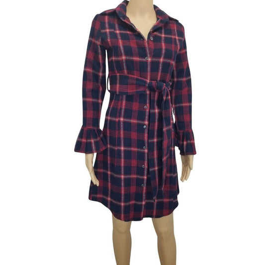 VINTAGE Our Fine Garments by Bell Red Plaid Flannel Button Up Shirt Dress SZ Sm