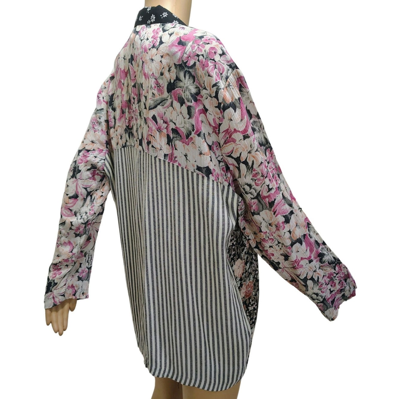 90s Patchwork Floral Striped Light Weight Box Cut Blazer Fold Down Collar Sz Sm
