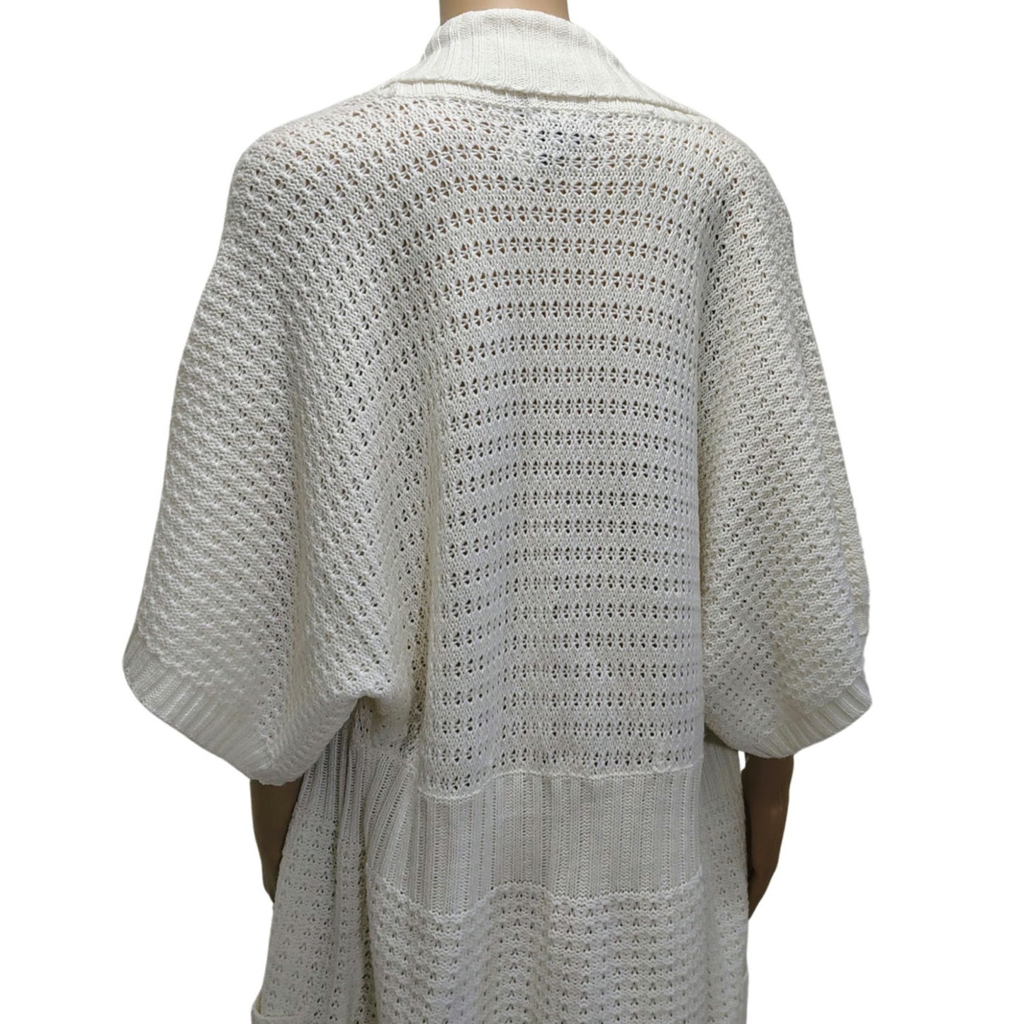 1990s Knit Wool Cardigan Cream Long Boho Open Front Short Sleeve Sweater Size L