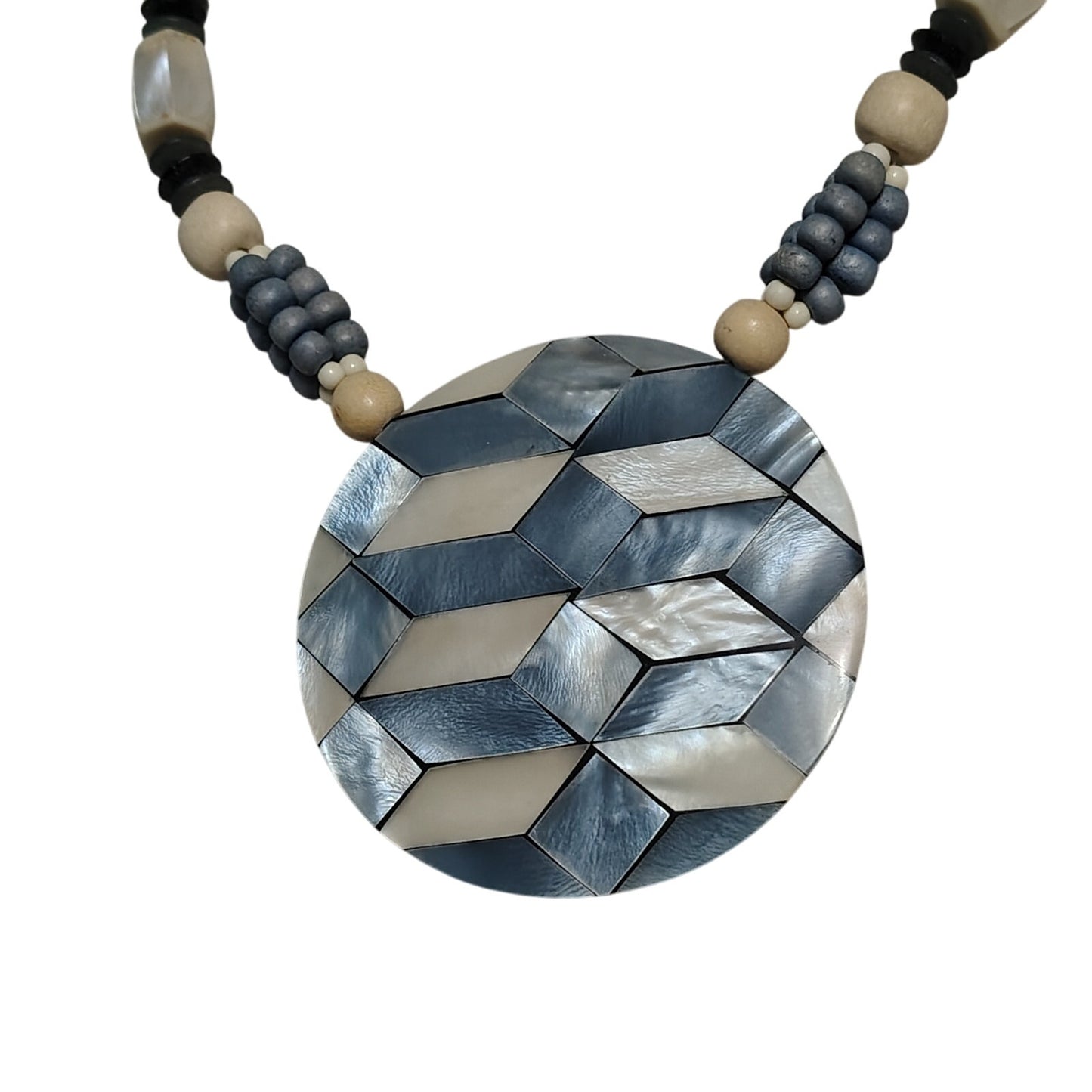 Vintage Blue Beige Mother of Pearl Pendant on Beaded Statement Necklace