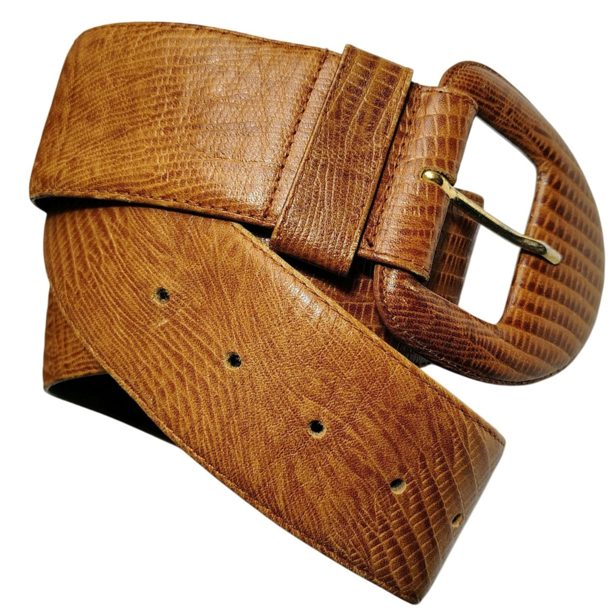 Wide Brown Crocodile Textured Leather Belt Round Belt Buckle Size Large
