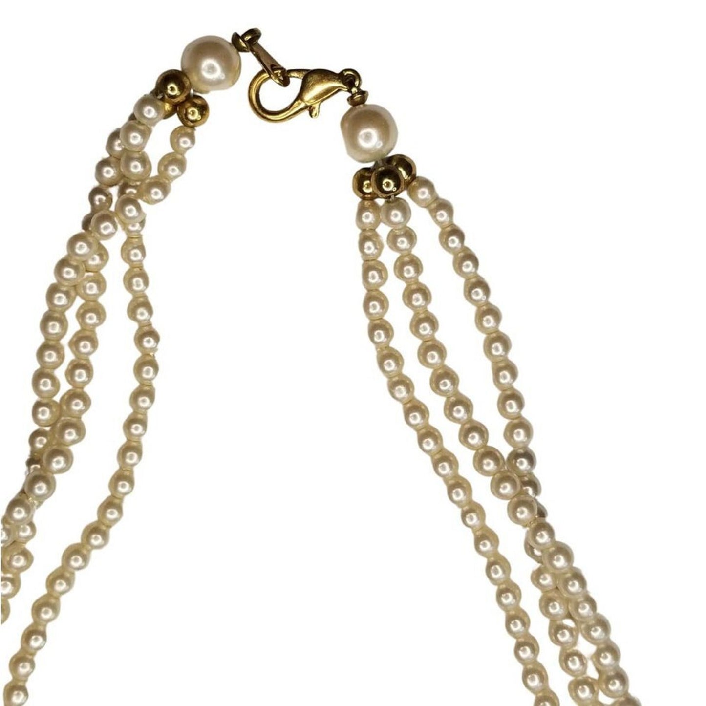 VINTAGE THREE STRAND DESIGN PEARL NECKLACE Long Black Bead Accents Gold Tone 29"