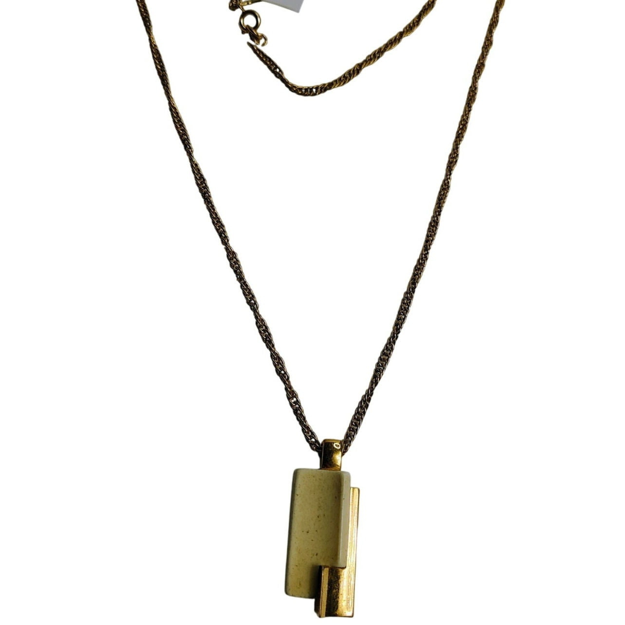 60s Vintage Crown Trifari Faux Ivory Lucite Gold Tone Pendant Chain Link Necklac