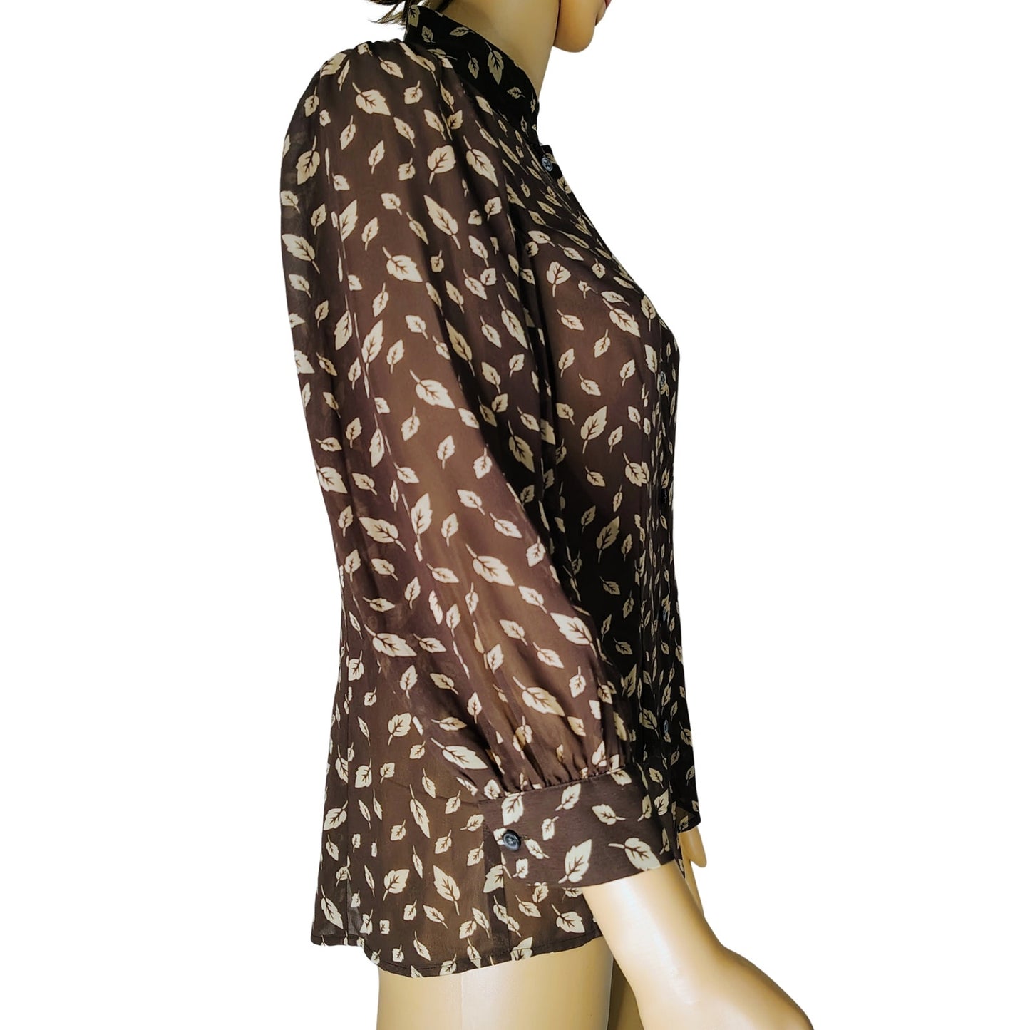 Banana Republic Brown Leaf Print Top Button Up Shirt 3/4 Sleeve Blouse Size Med