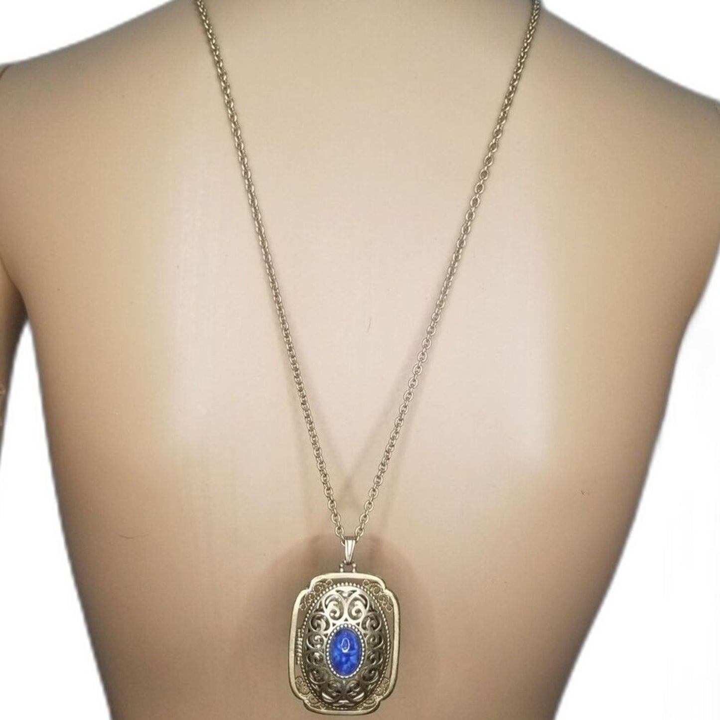 Avon Vintage Ornate Filigree Photo Yesteryear Locket Gold Blue Cabochon Necklace