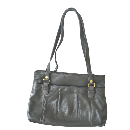 Gray Pleated Leather Vintage Shoulder Bag Two Handles Zip Top Purse 10.5" x 7.5"