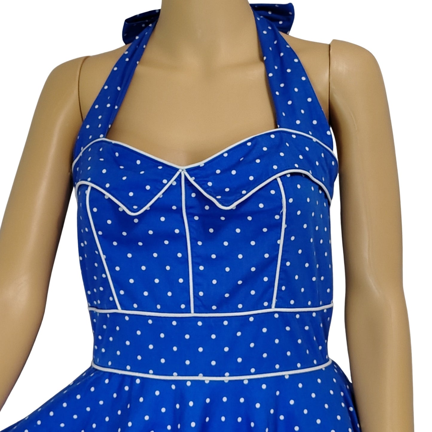 Hell Bunny Rockabilly Dress Blue White Halter Polka Dot Fit Flare Pinup Size Medium