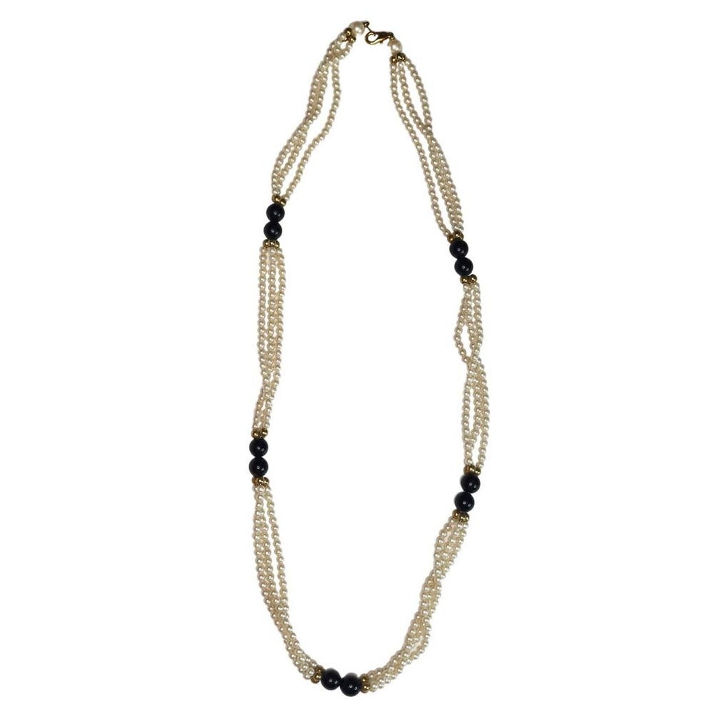 VINTAGE THREE STRAND DESIGN PEARL NECKLACE Long Black Bead Accents Gold Tone 29"