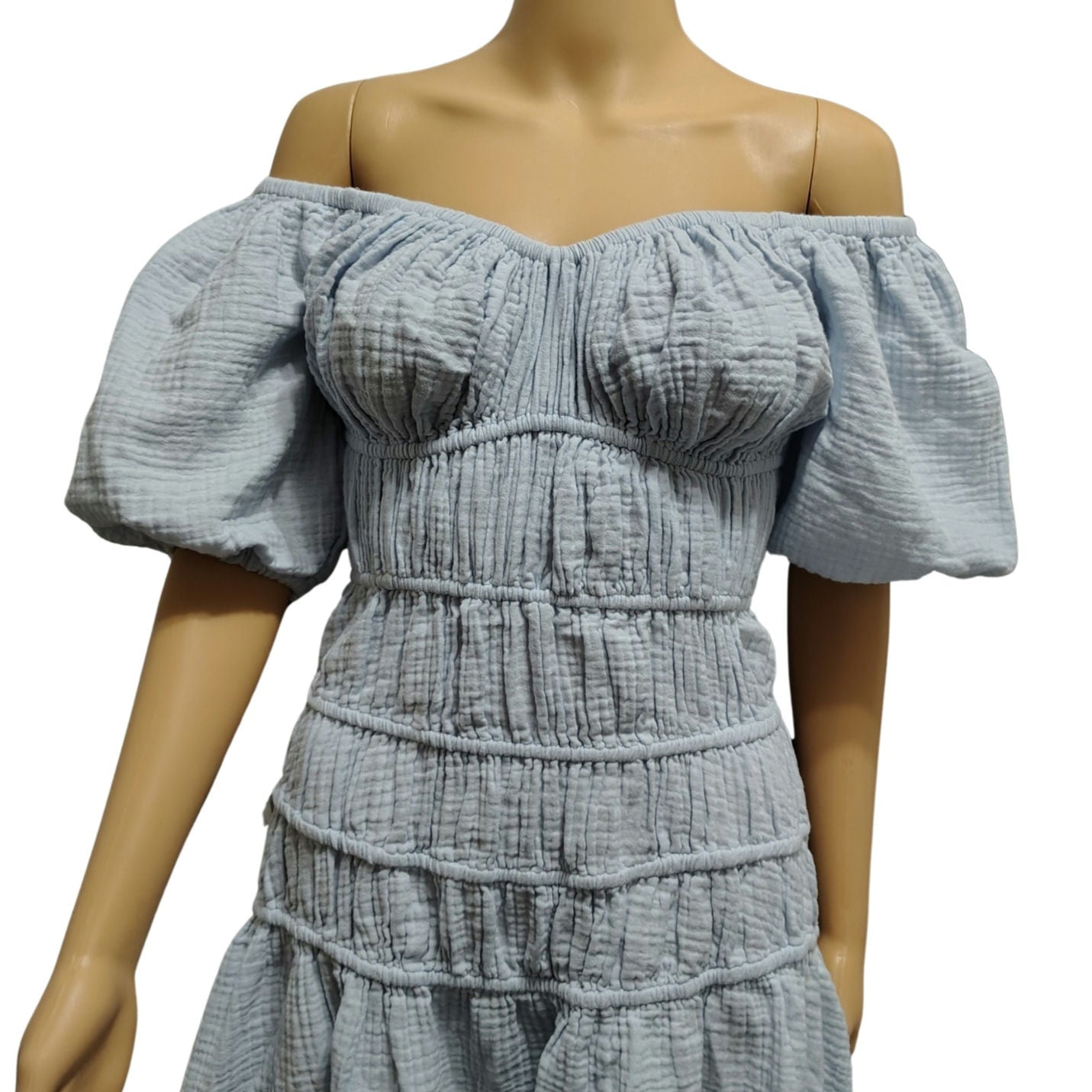 Vintage Havana Label Light Blue Fit & Flare Mini Dress Off The Shoulder Size Medium