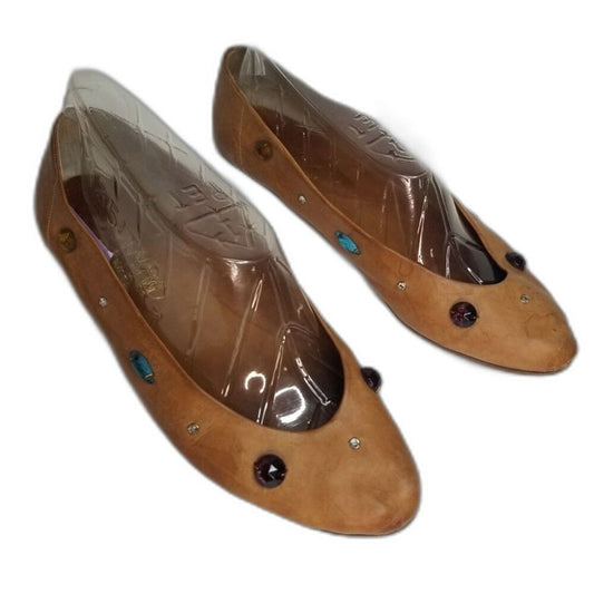 80s Vintage Joan & David Vegetable Tanned Leather Be-jeweled Tan Flats Size 7.5