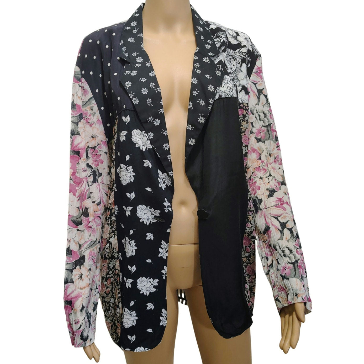 90s Patchwork Floral Striped Light Weight Box Cut Blazer Fold Down Collar Sz Sm