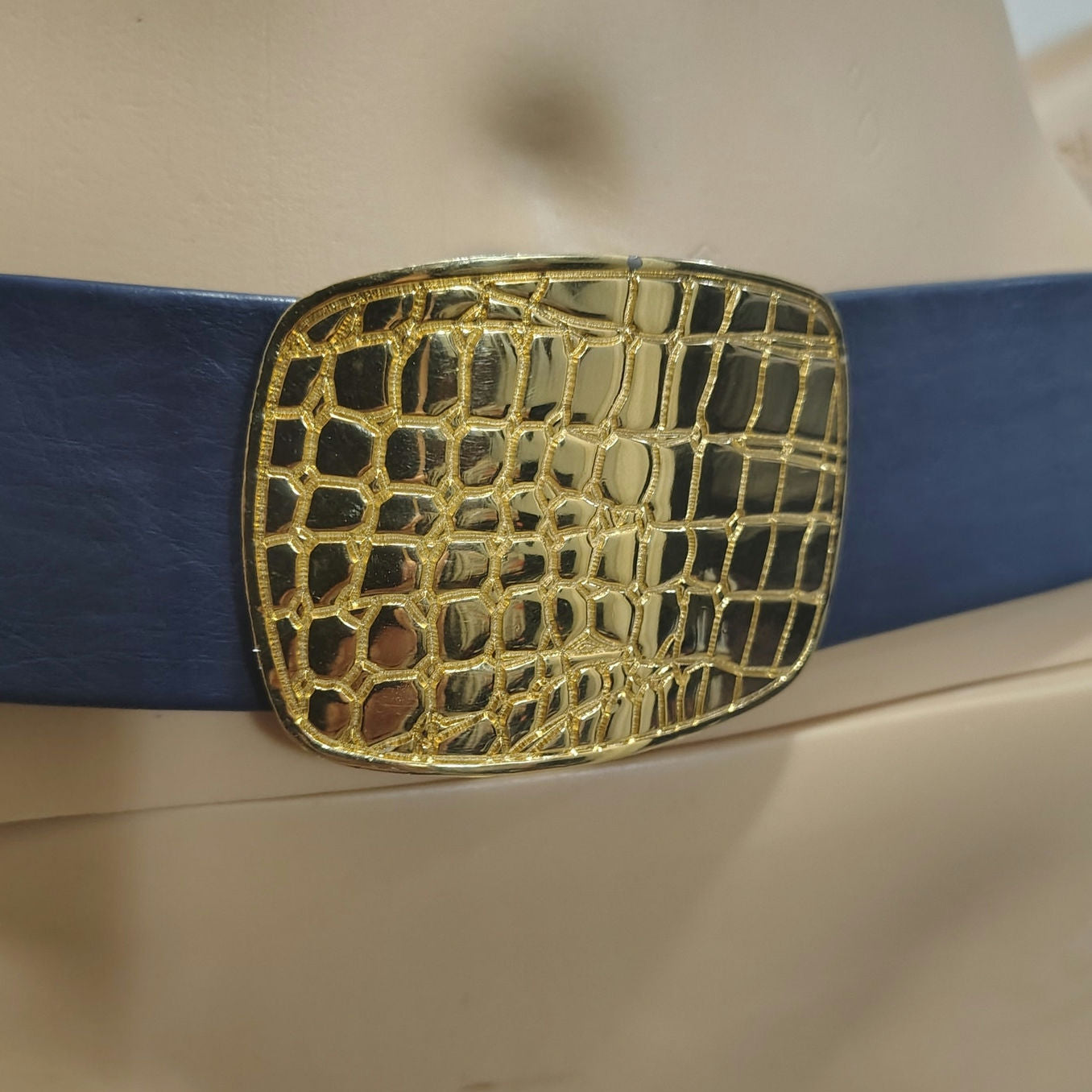 Wide Blue Leather Belt Gold Crocodile Print Huge Belt Buckle Hook Closure OS
