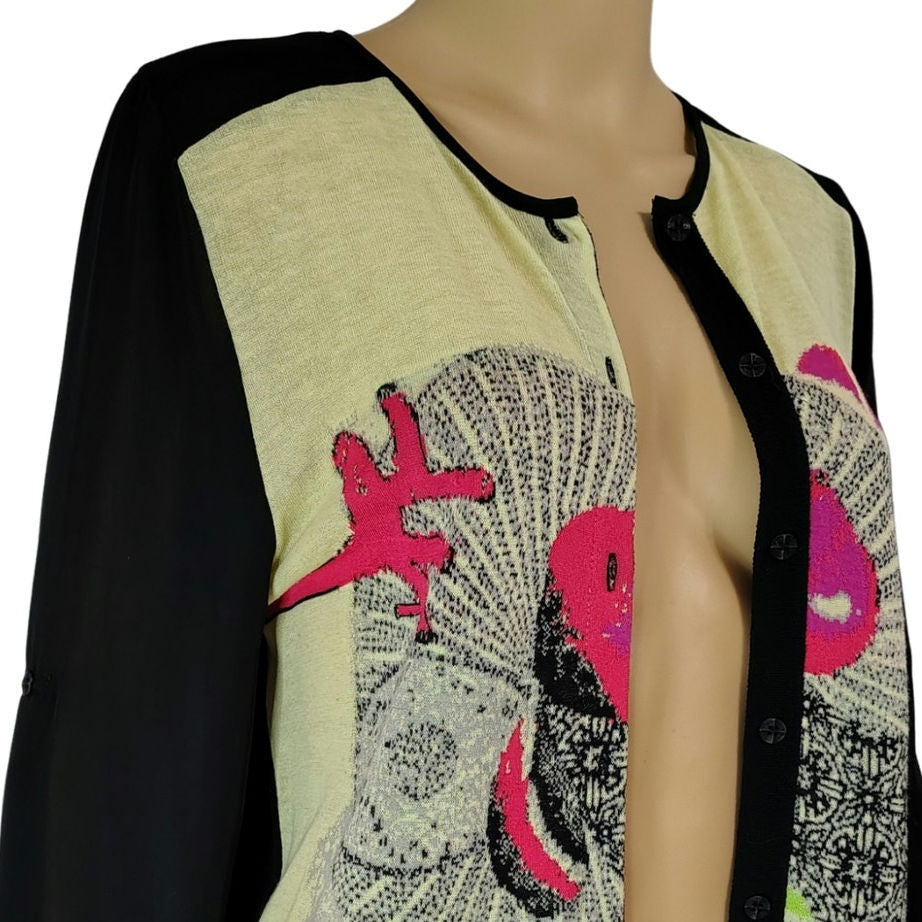 aldomartins Slightly Sheer Abstract Art Contrasted By Black Sheer Sleeves Size M