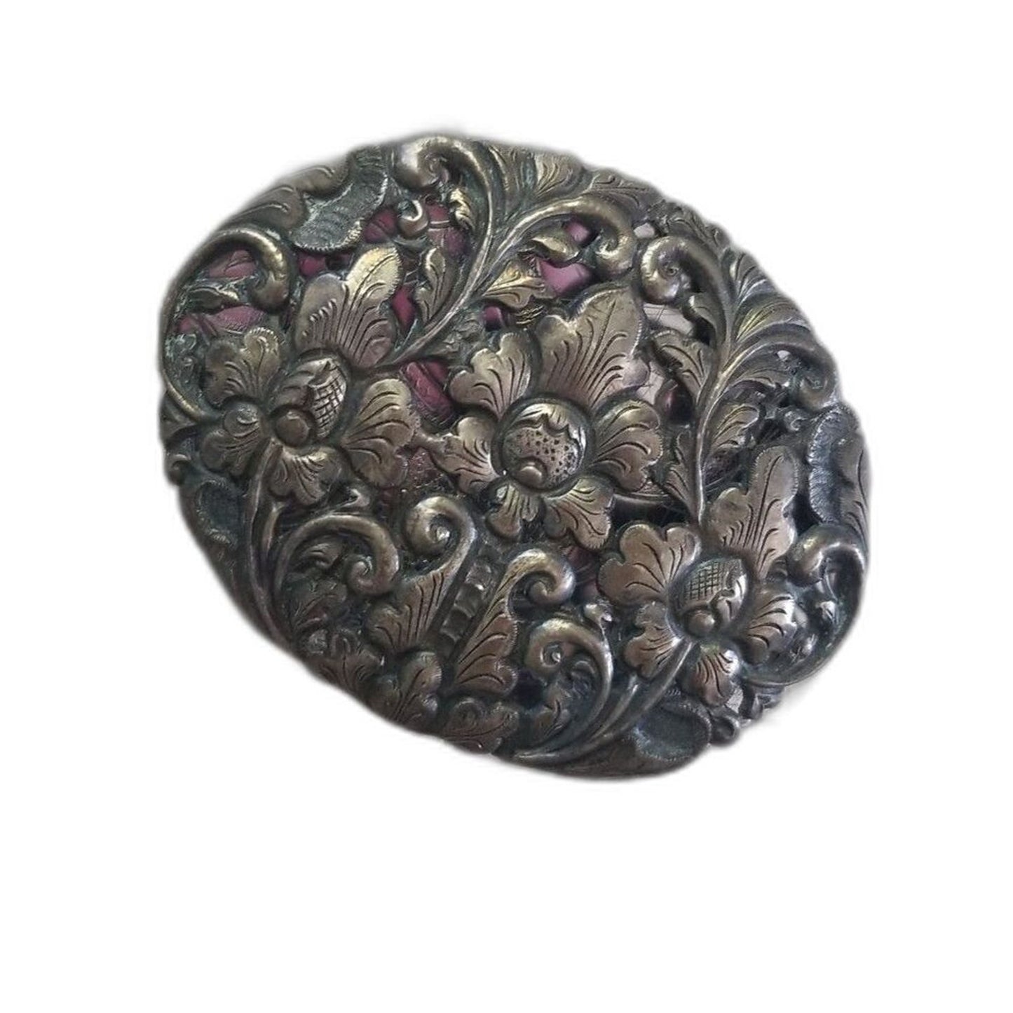 Victorian Era Gilded Signed 800 SJ Metal Floral Brooch Pin with Tube Hinge