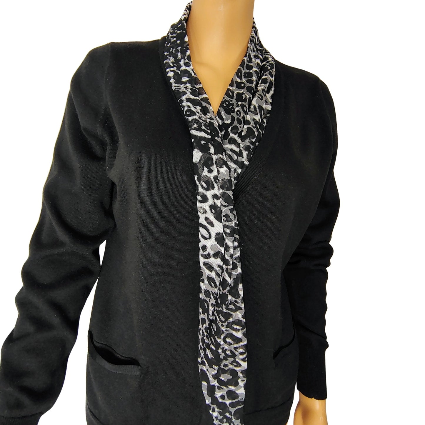 Tahari 100% Cotton Black Leopard Trim Button Front Cardigan Size Medium Petite