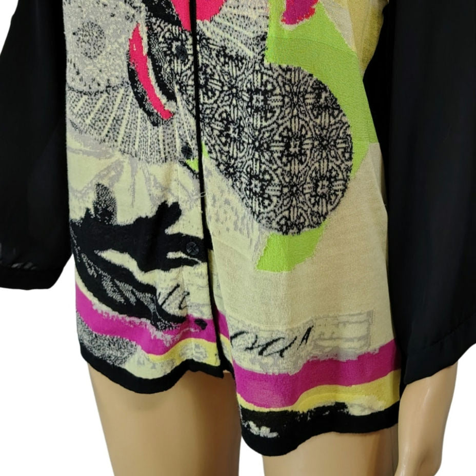 aldomartins Slightly Sheer Abstract Art Contrasted By Black Sheer Sleeves Size M