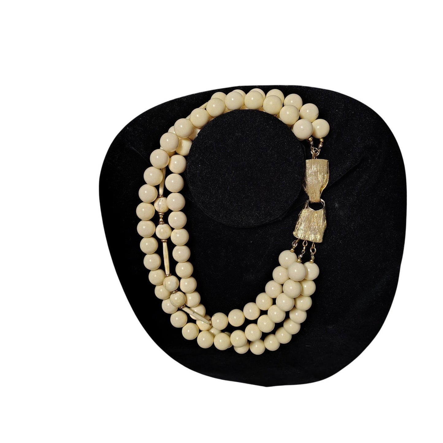 Vintage Statement 3 Strand Necklace Huge Lucite Cream Bead Large Gold Hook Clasp