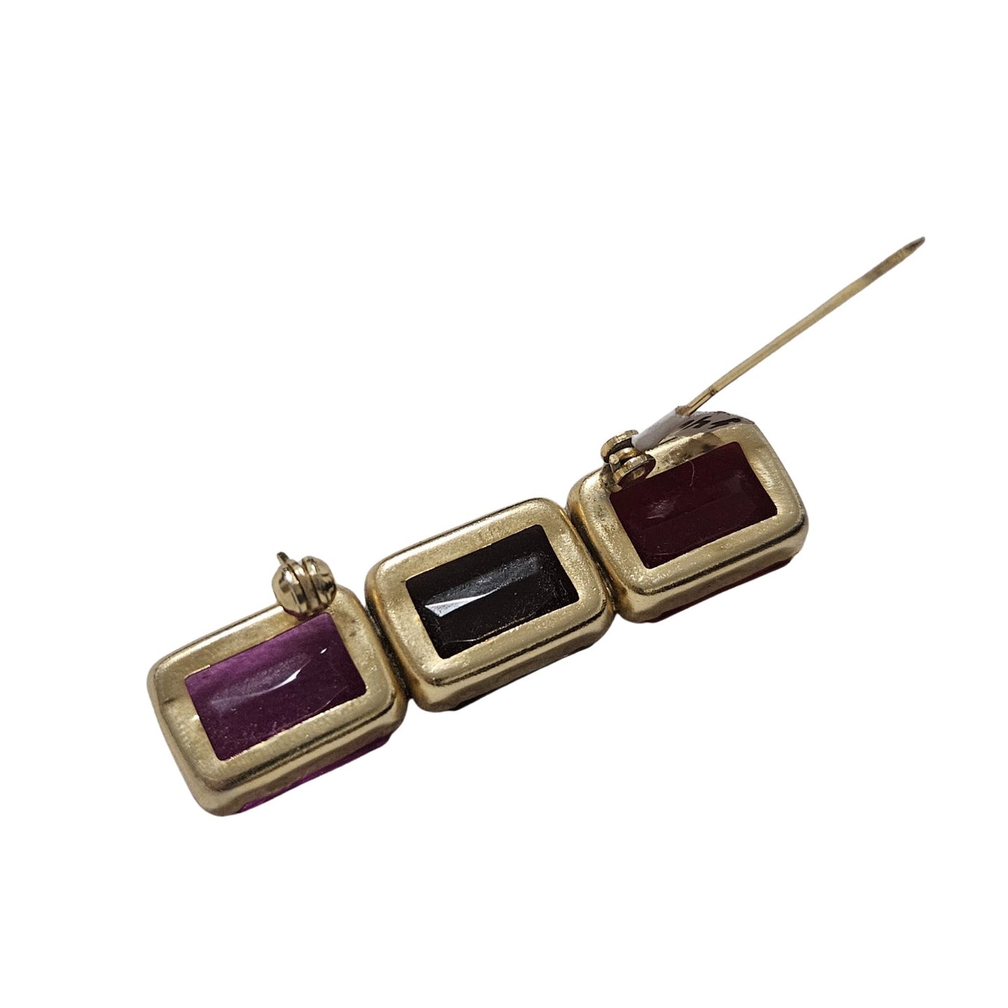 1980s Mod Red Purple Pink Brooch Geometric Rectangle Gold Trim C Clasp Closure