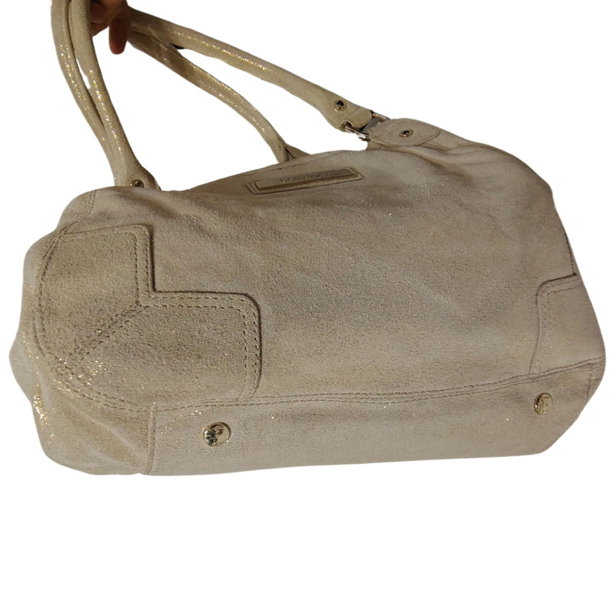 Cream Suede Gold Metallic Calvin Klein Shoulder Bag Double Handle 3 Compartments