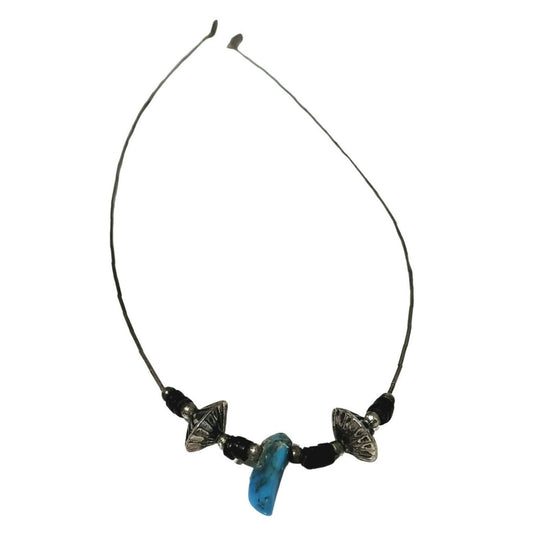 1970s Sterling Silver Liquid Beads Uncut Turquoise Stone Statement Boho Necklace