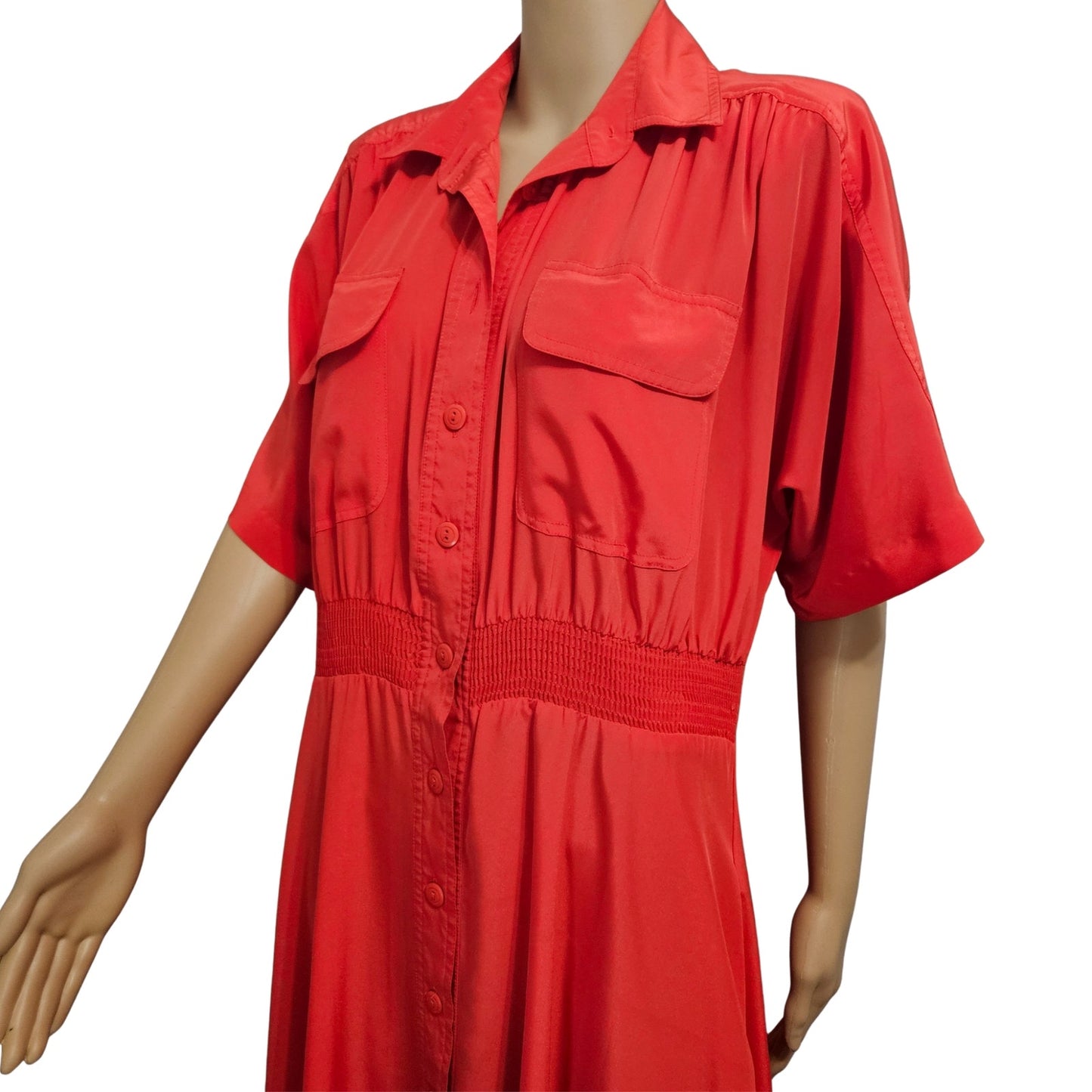 1990s Raoul Tomatoe Red Ruched Waist Short Sleeve Button Up Collar Dress Size 8