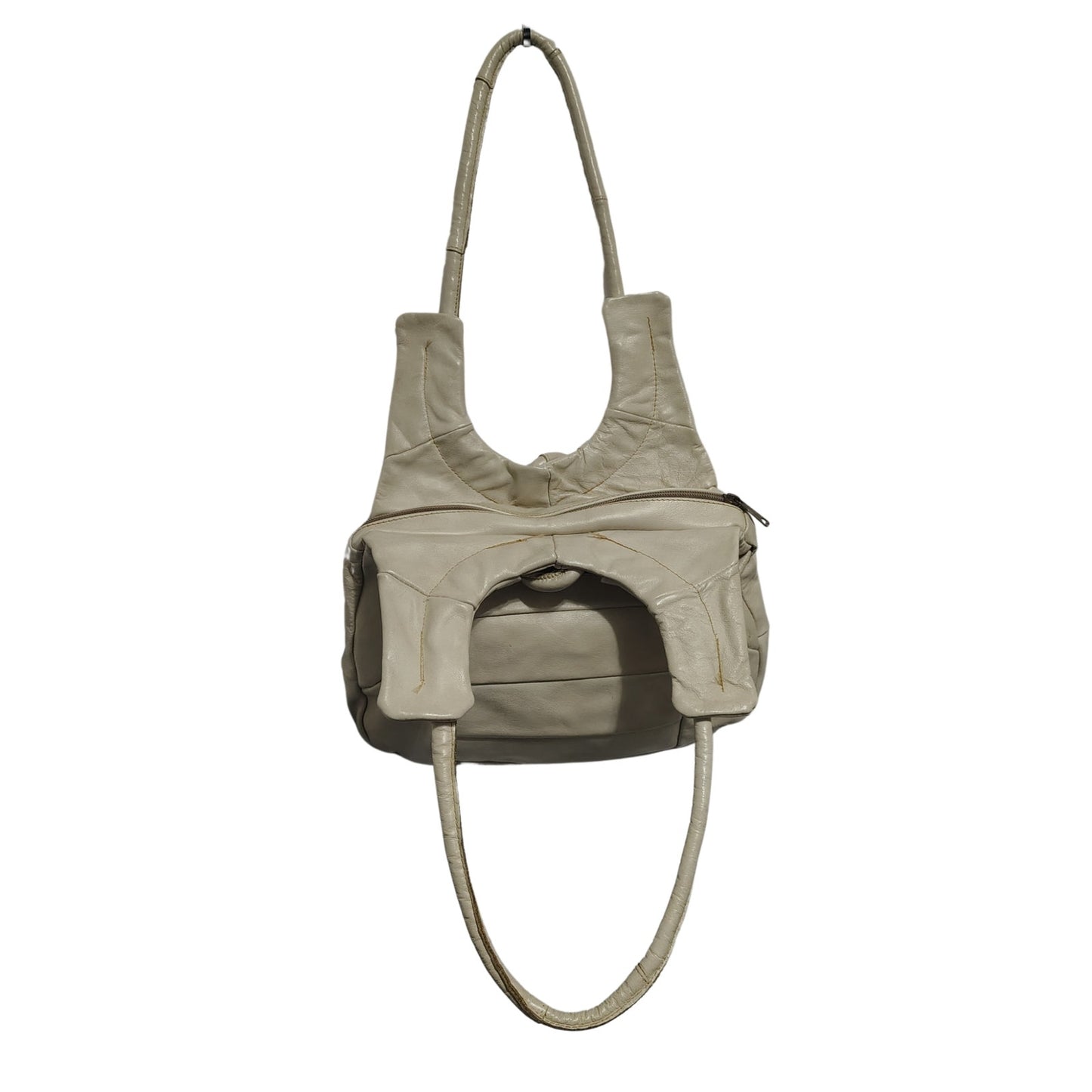 80s Cream Genuine Leather Patchwork Crescent Shoulder Bag Vintage Zipper Closure