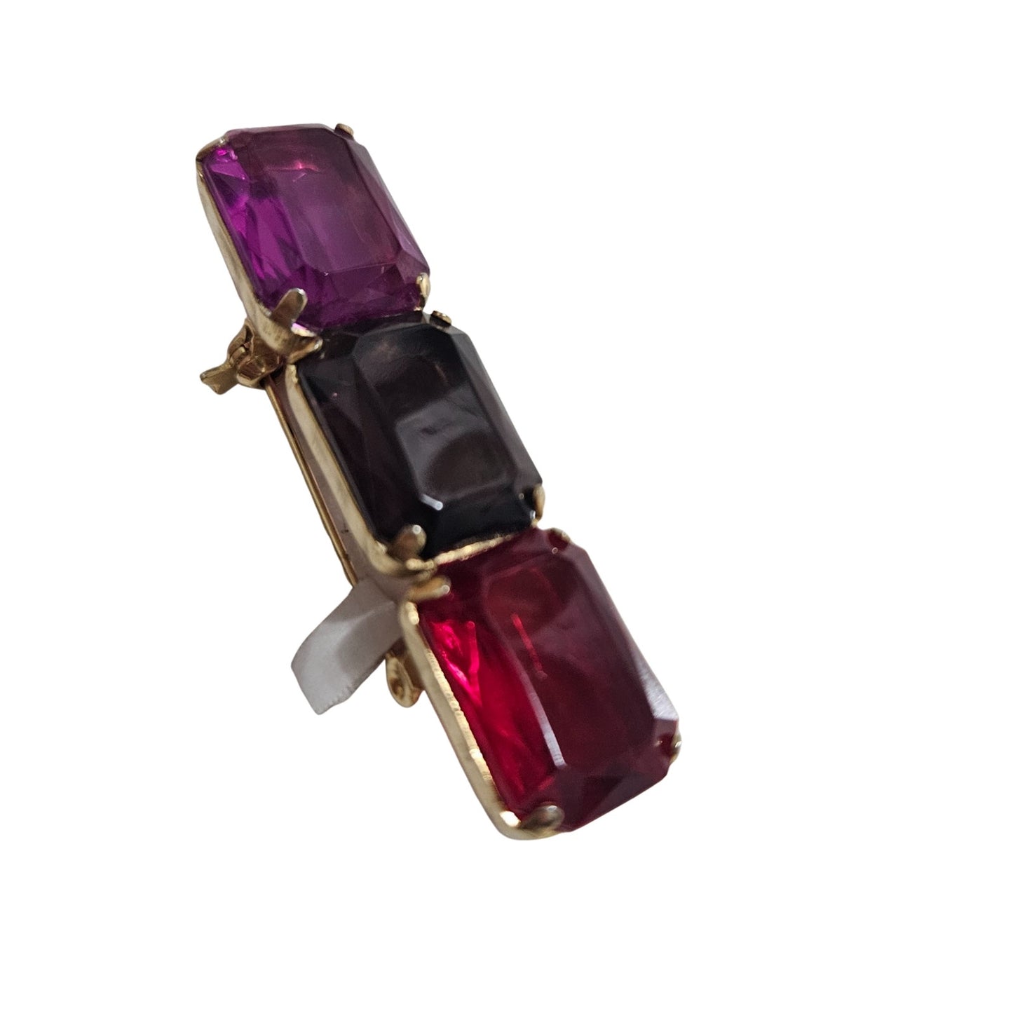 1980s Mod Red Purple Pink Brooch Geometric Rectangle Gold Trim C Clasp Closure