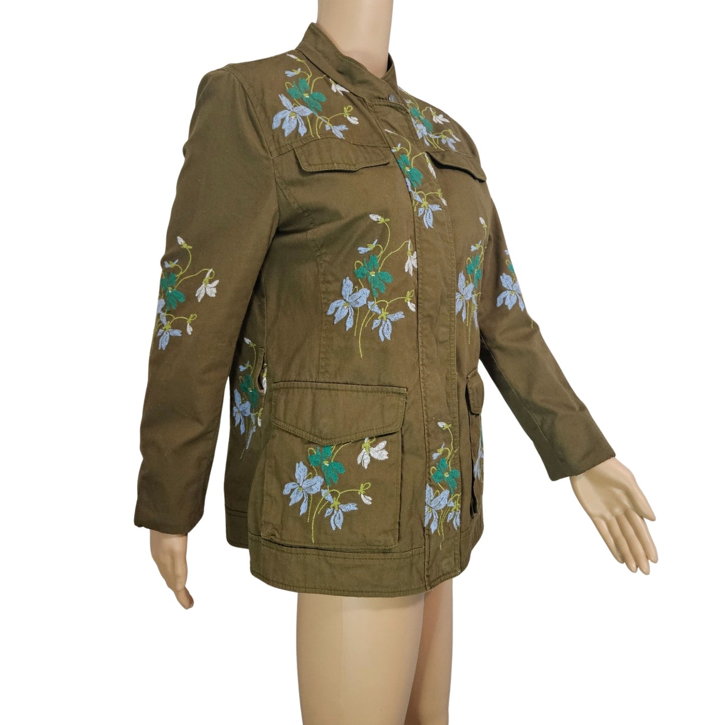 Olive Embroidered Floral Belted Zip Up Utility Standing Collar Jacket Size Medium