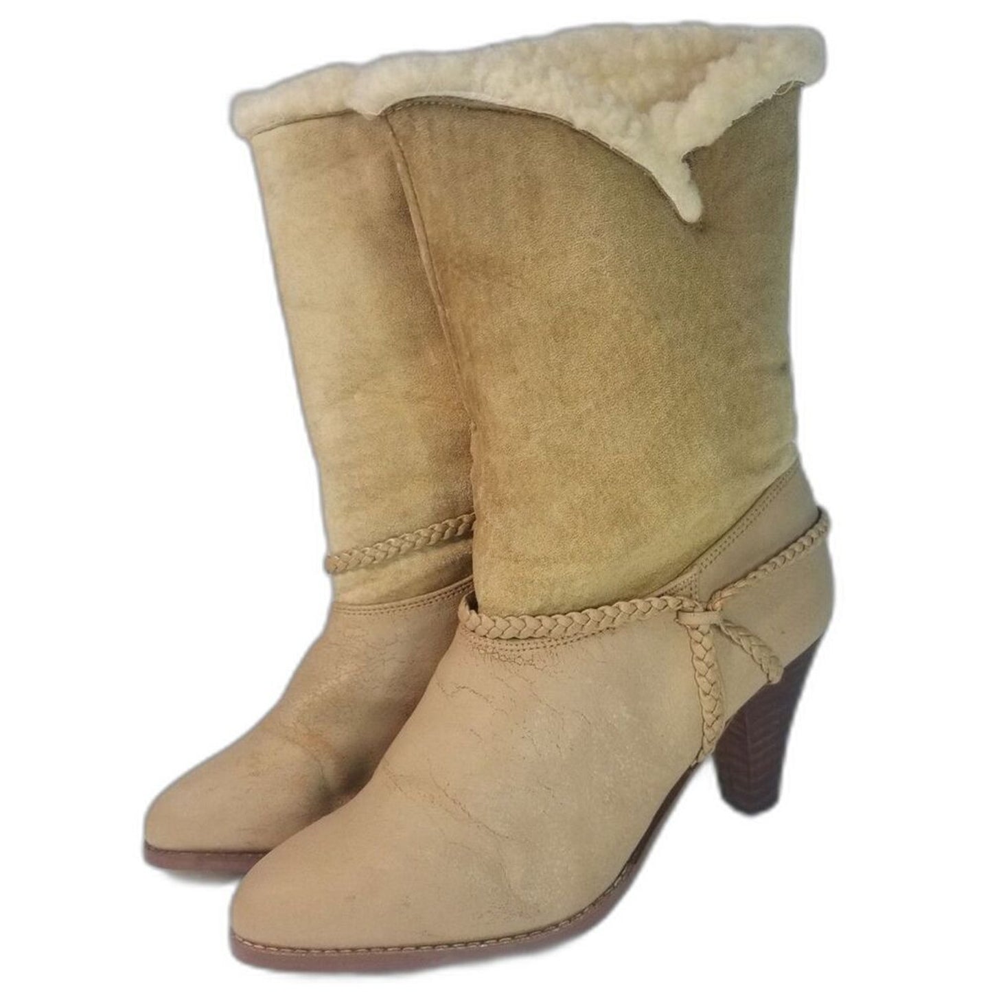 70s Vintage Kookie Sherpa Lined Beige Suede Vegan Faux Leather Boots Size 6.5