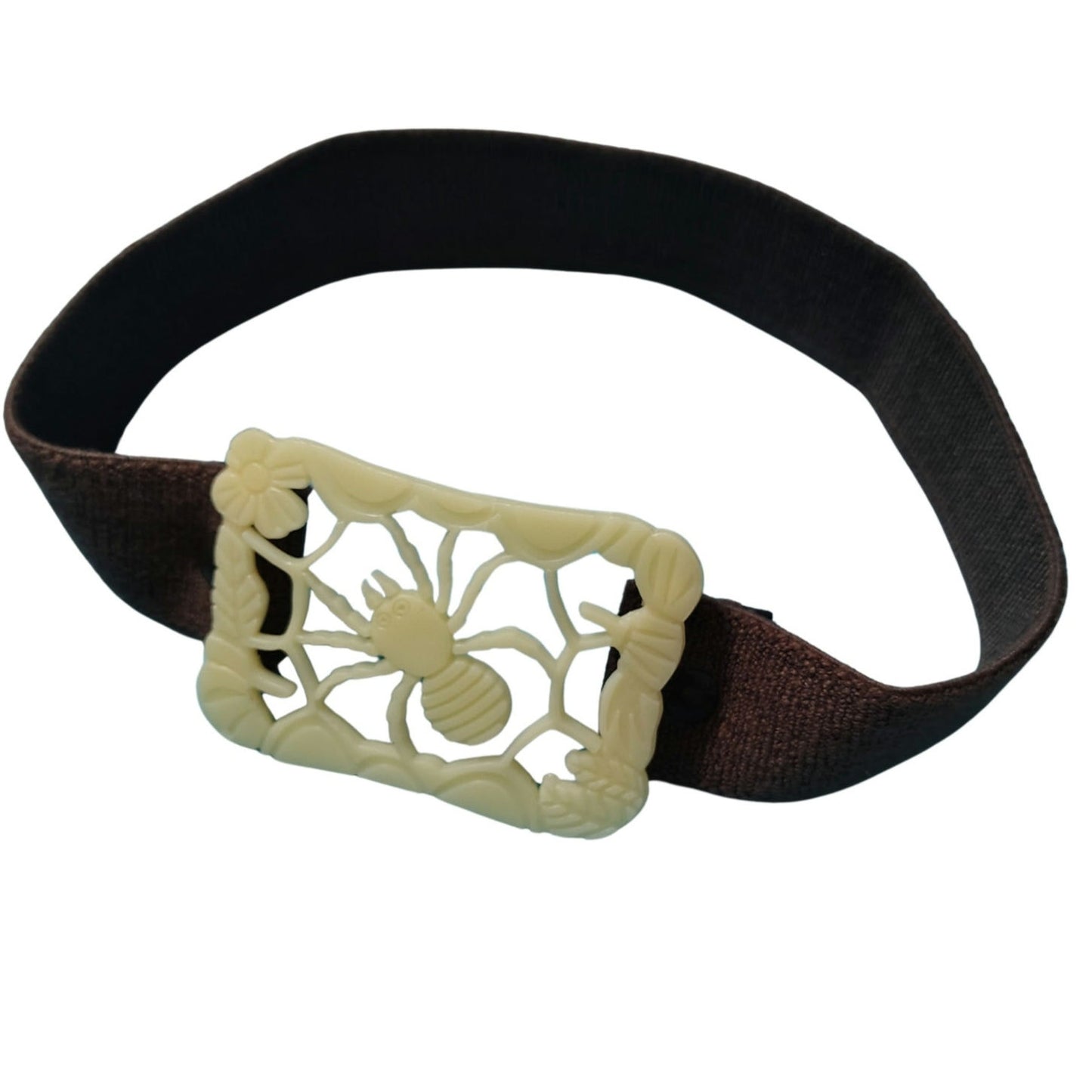 70s Plastic Spider Belt Buckle Wide Brown Elastic Snap Closure Cinching Belt 24