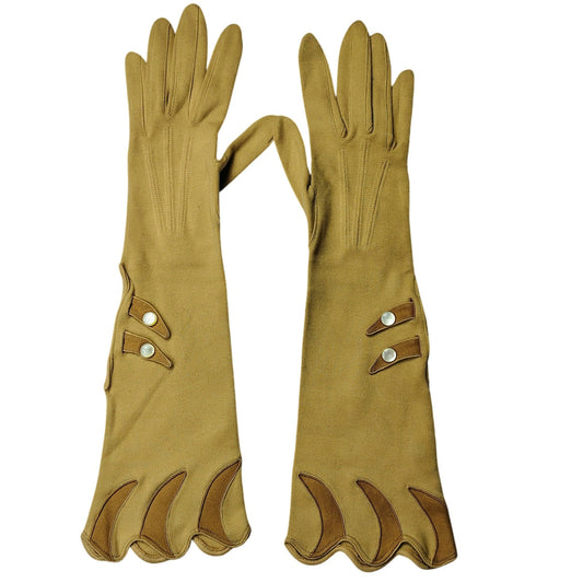 1940s Vintage Tan Fitted Evening Gloves 14" Mother of Pearl Buttons Size 6.5 GER