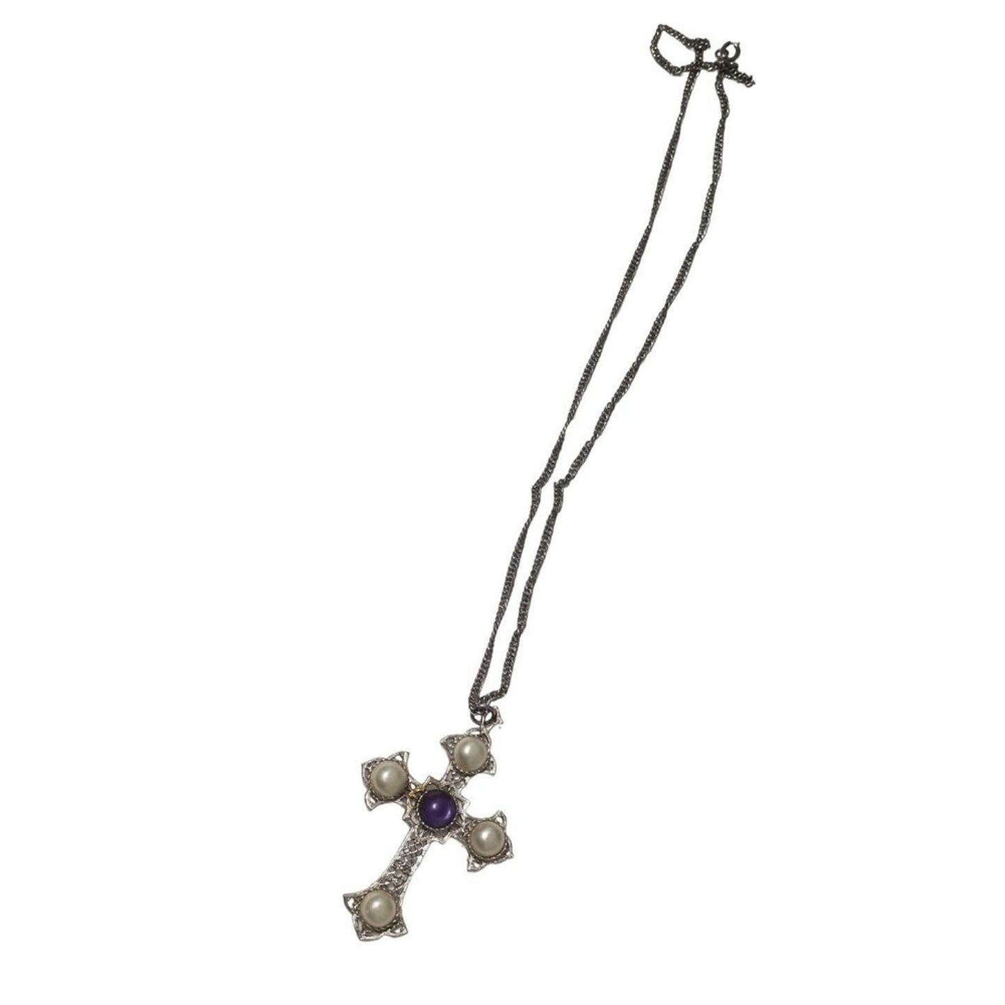 70s Vintage Sarah Coventry Silver Cross Pendant Necklace Amethyst Faux Pearls