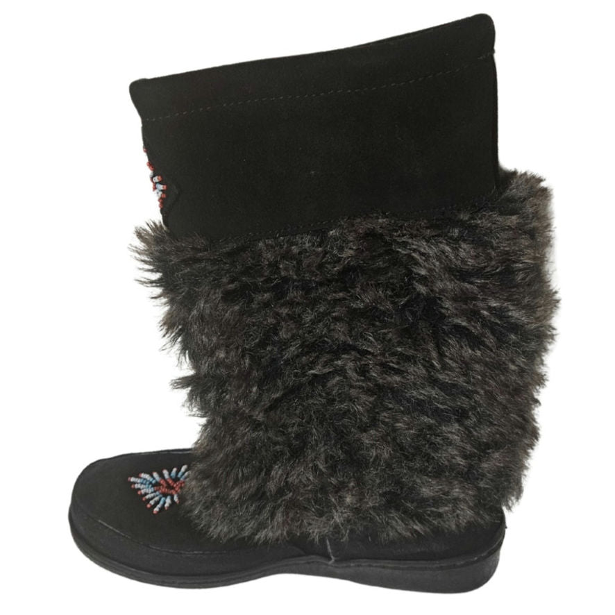 Minnetonka Mukluk Bead Detail Black Genuine Suede Leather Faux Fur Size 7 Womens