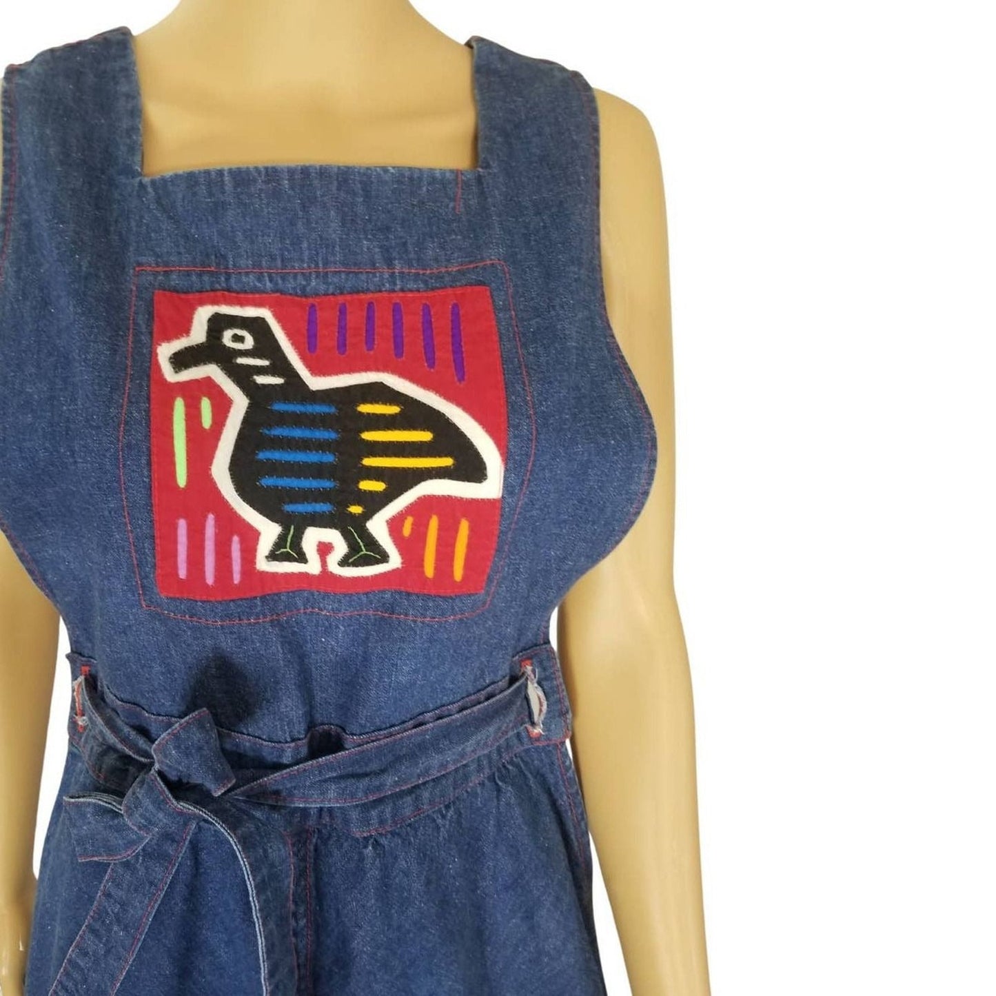 Blue Jean Crossroads Bird Patch Midi Jean Belted Fit Flare Tank Dress Size Large