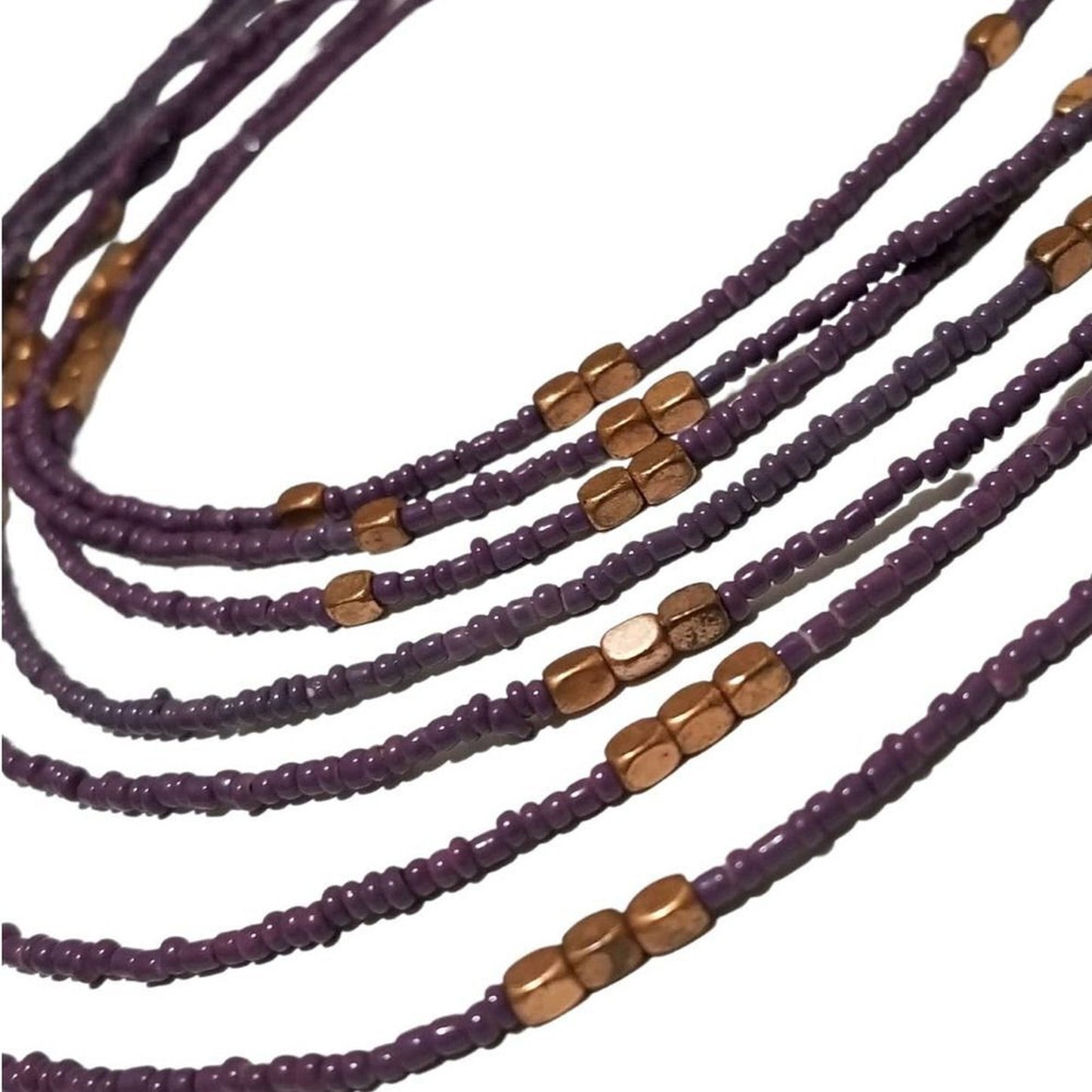 VINTAGE Seven Strand Layered Statement Necklace Purple + Square Copper Beads