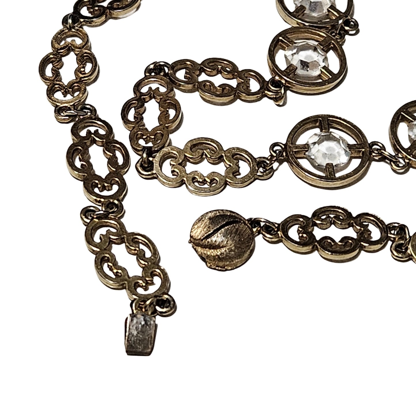 70s Cross Pendant Faceted Stone Metal Framework Ornate Interconnected Chain link