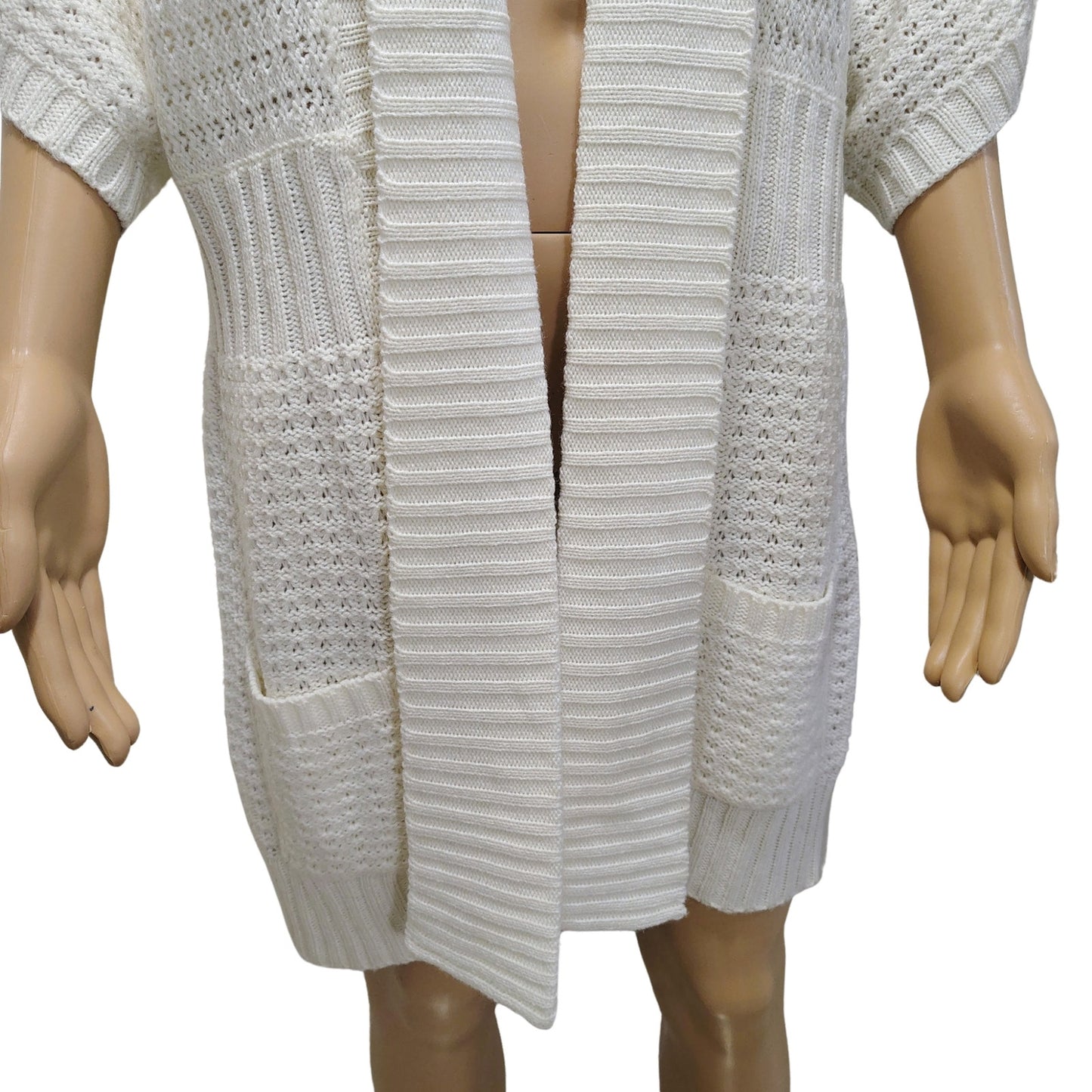 1990s Knit Wool Cardigan Cream Long Boho Open Front Short Sleeve Sweater Size L