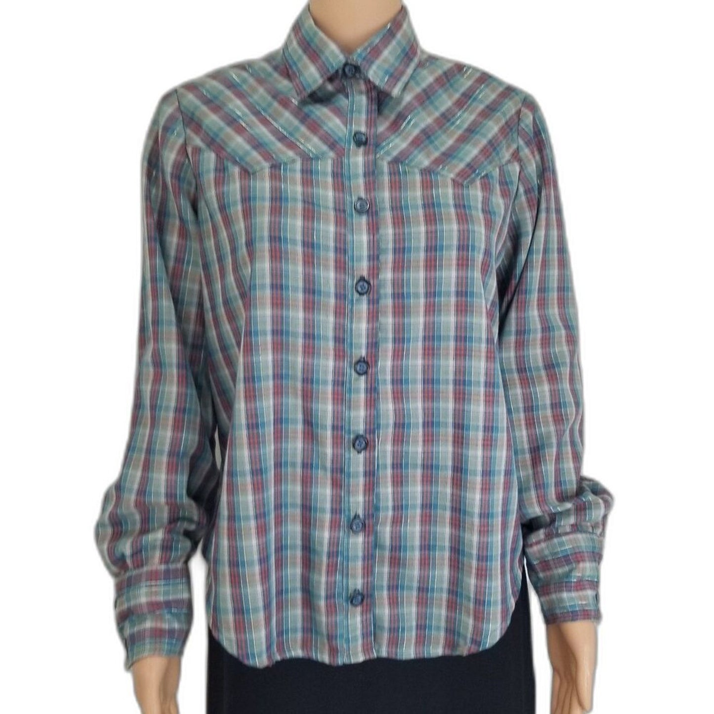 Metallic Shimmer Blue Vintage Western Cowboy Cowgirl Plaid Button Up Shirt Med