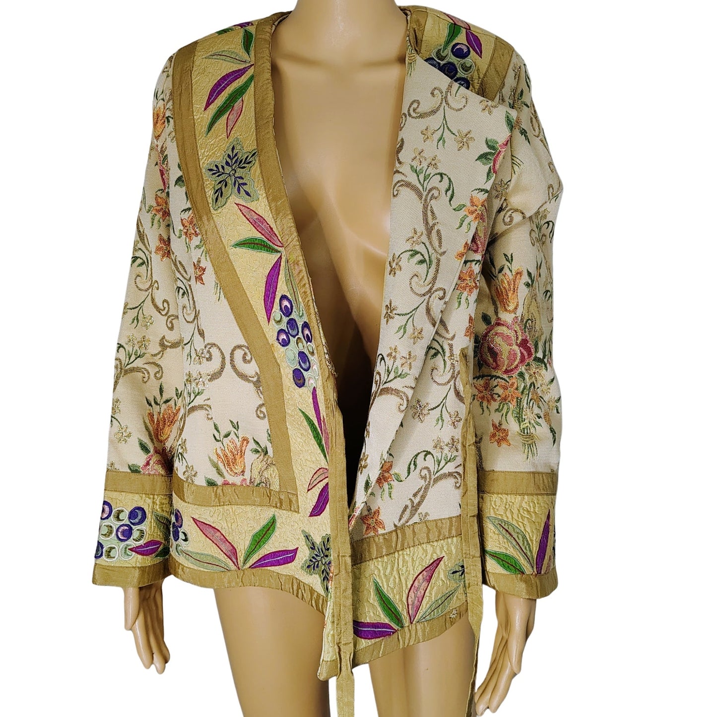 Metallic Thread Custom Beige Quilt Patchwork Floral Kimono Embroidered Size Small