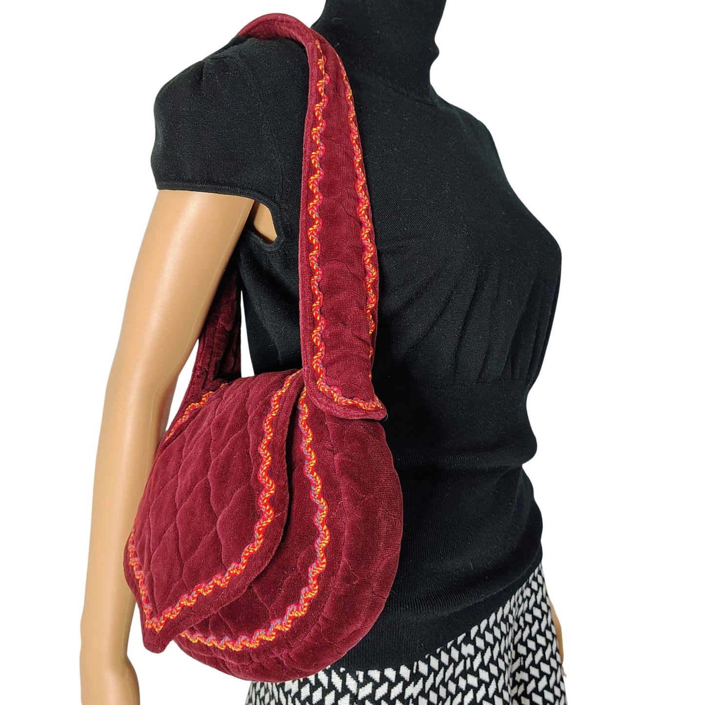 1970s Vintage Embroidered Wine Velvet Shoulder Handbag by Carpetbags of America