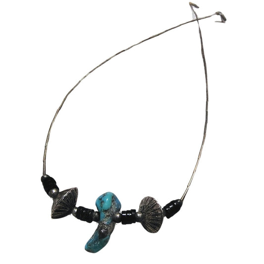 1970s Sterling Silver Liquid Beads Black & Turquoise Stone Necklace