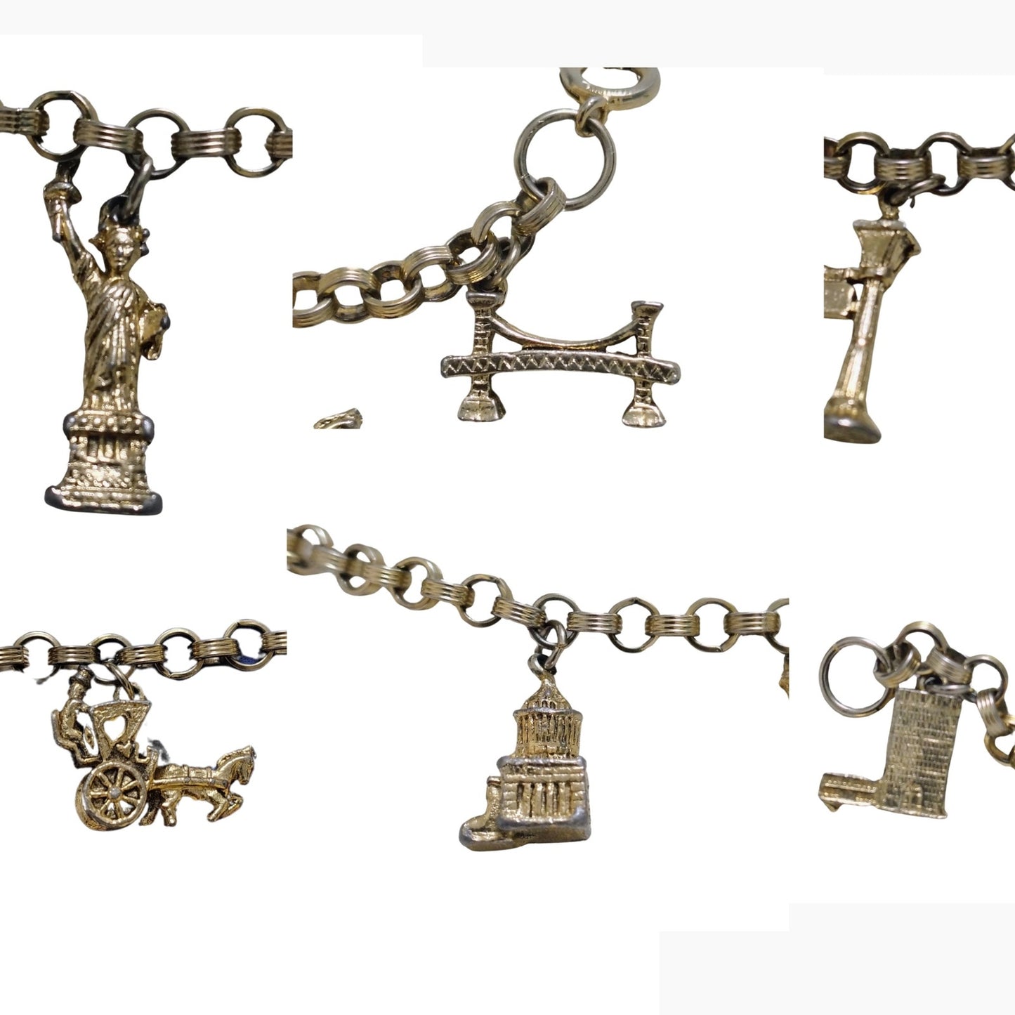 80s Charms Bracelet New York City Landmark Statue of Liberty Silver Tone Links
