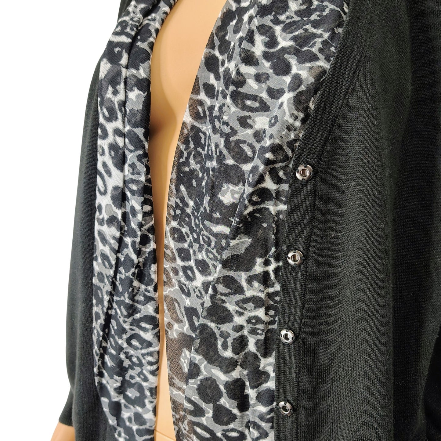 Tahari 100% Cotton Black Leopard Trim Button Front Cardigan Size Medium Petite