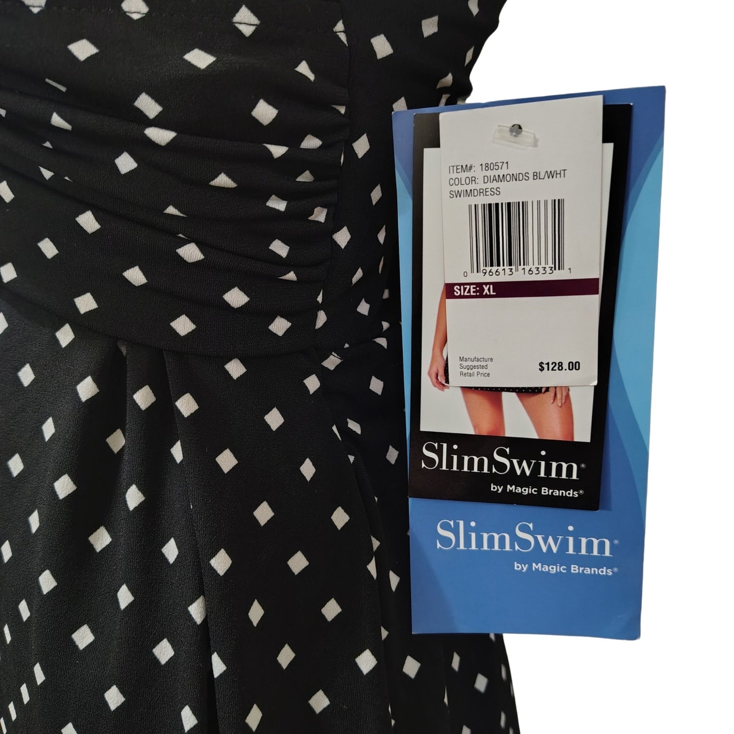 Diamonds Black White SlimSwim Magic Brands Onepiece Bathing Suit Swimdress SZ XL