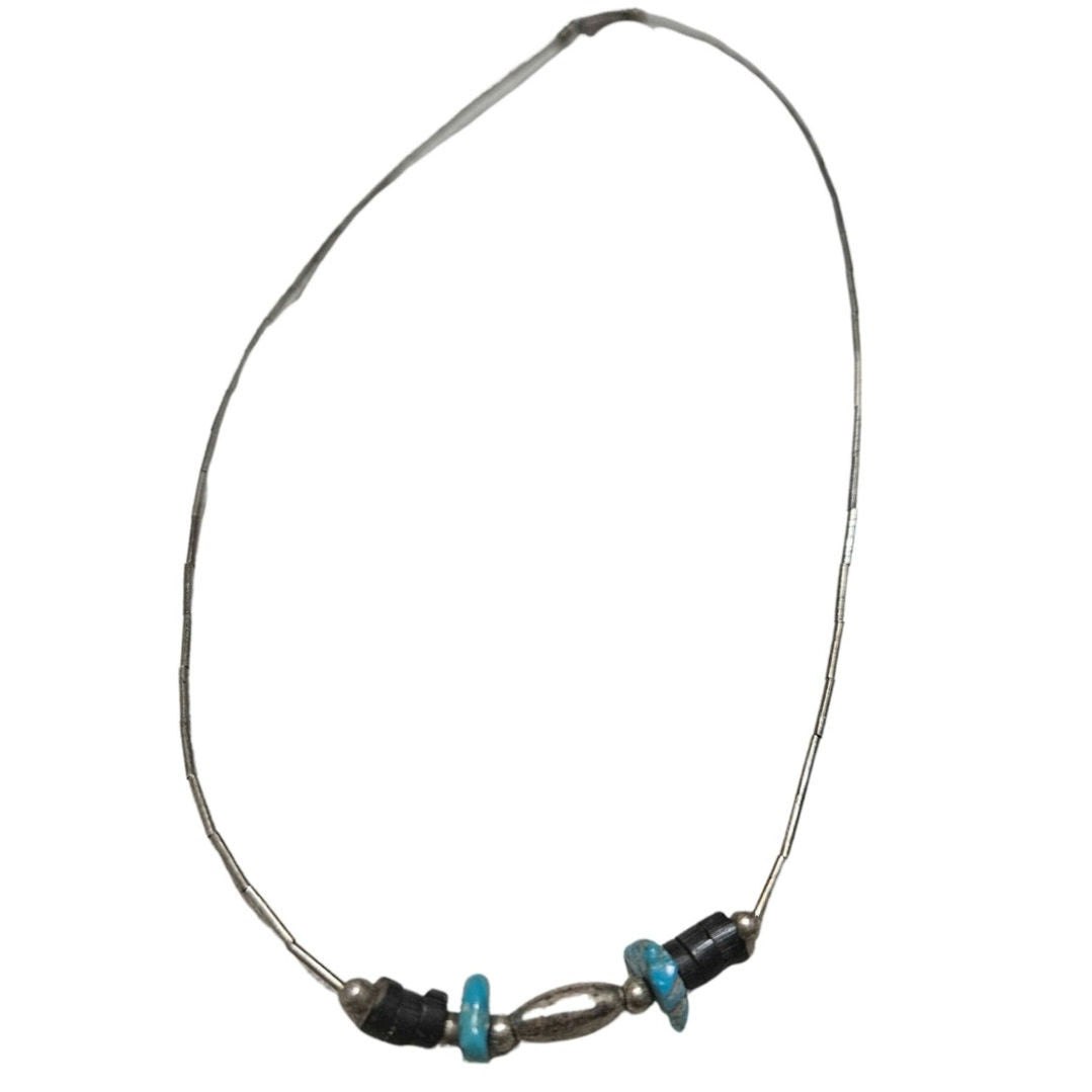 1970s Sterling Silver Liquid + Turquoise Stones Bohemian Hippy Necklace