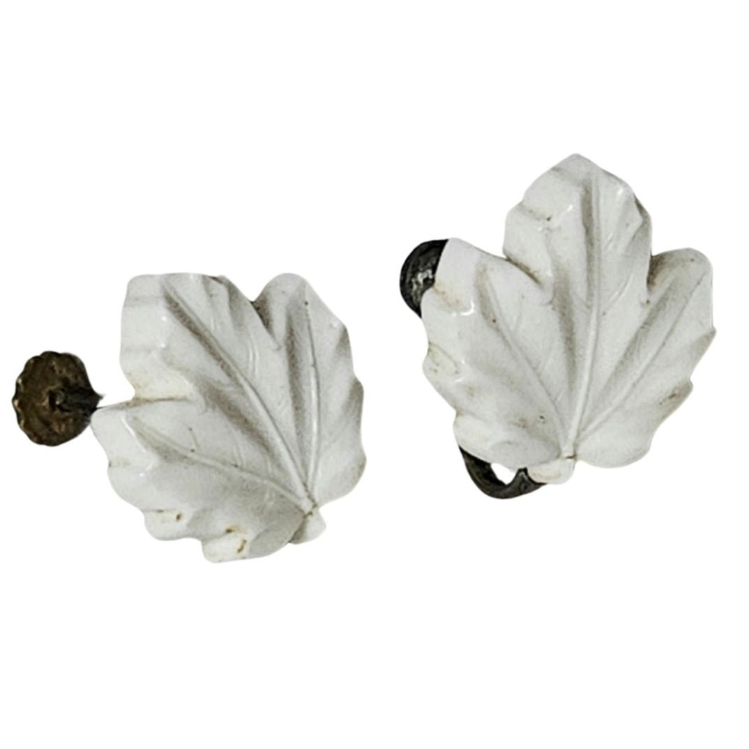 Vintage Cream Celluloid Plastic Leaf Clip On Earrings